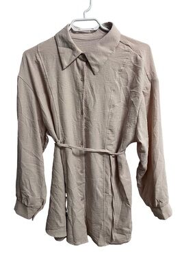 Light Taupe Button-Up Belted Shirt